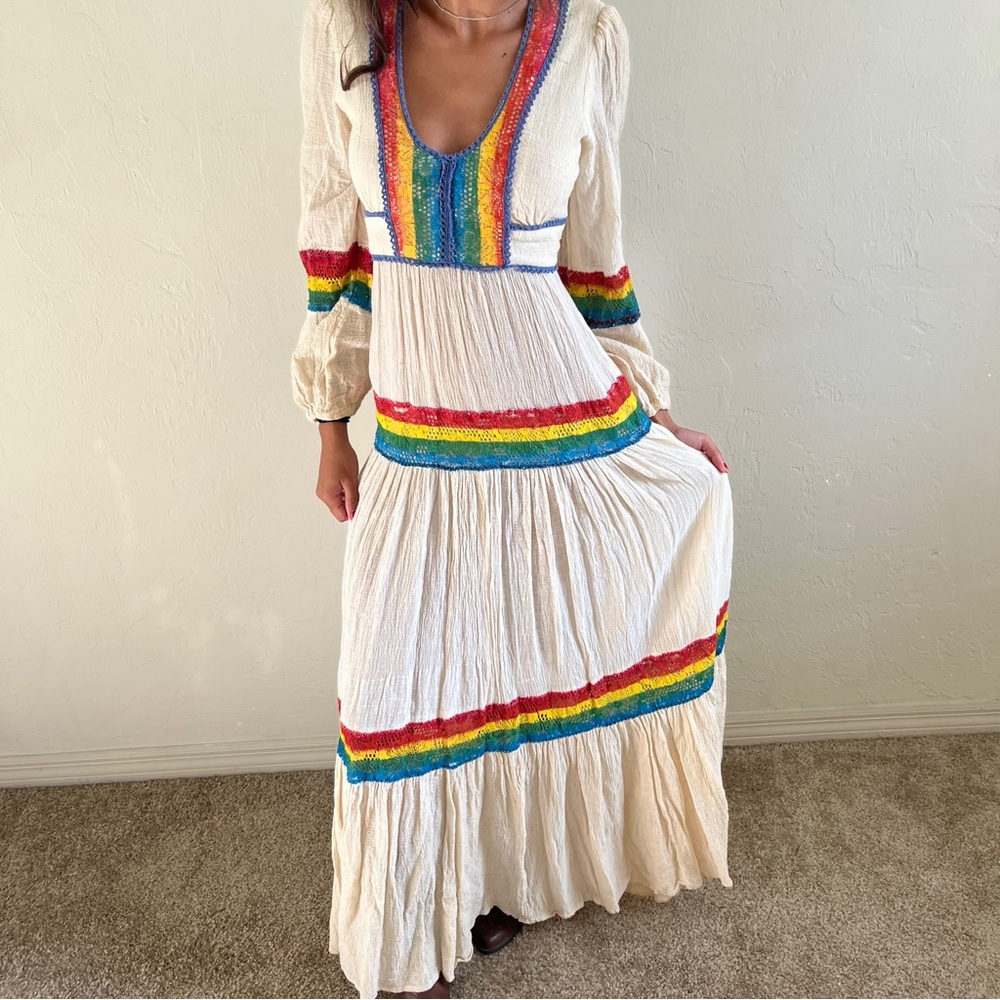 Vintage 1970s Rainbow Prairie Dress Cotton Gauze Muslin Needs TLC Hippie